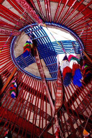Téléchargez les photos : La partie supérieure de la yourte traditionnelle kazakhe à l'intérieur est décorée de glands colorés. Maison des nomades. - en image libre de droit