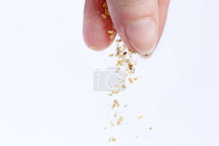A womans hand pours dry food for aquarium fish. Macro photography. Isolate. 