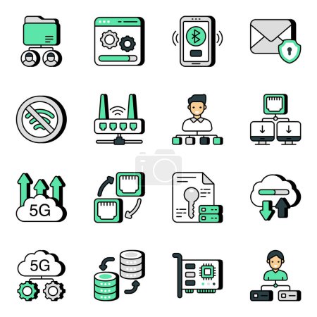 Ilustración de Pack de iconos planos de red y comunicación - Imagen libre de derechos