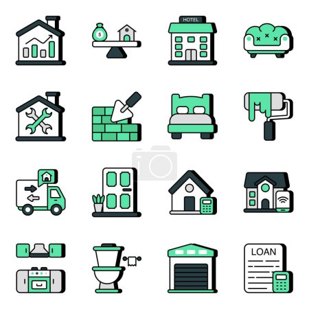 Illustration for Set of real estate flat icons is here with editable quality. Using these icons as the brand identity will surely make the business a success - Royalty Free Image