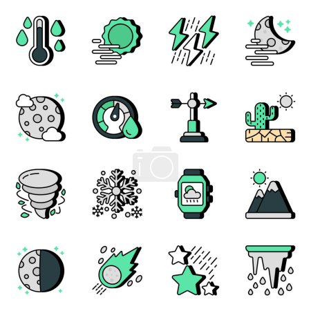 Illustration for We keep the weather eye out by designing more and more for you. Weather flat icons are designed creatively. Furthermore, get it to download with editable files and enjoy the weather! - Royalty Free Image