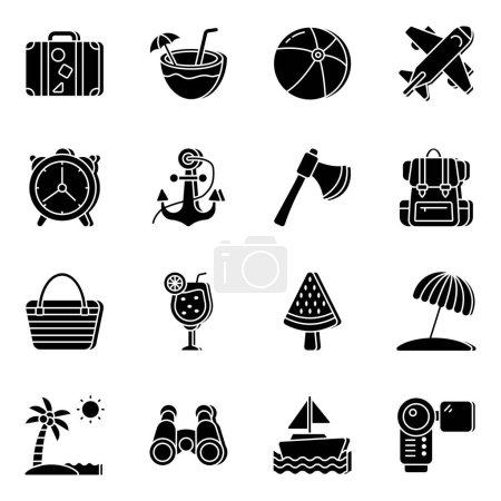 Téléchargez les illustrations : Pack d'icônes solides de voyage - en licence libre de droit
