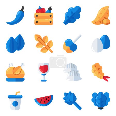 Illustration for Set of Fruits and Veggies Flat Icons - Royalty Free Image