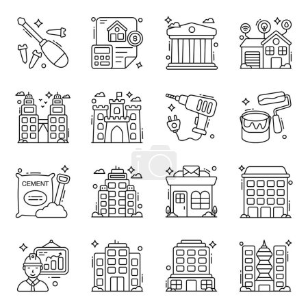 Téléchargez les illustrations : Pack d'icônes linéaires de construction et de structure - en licence libre de droit