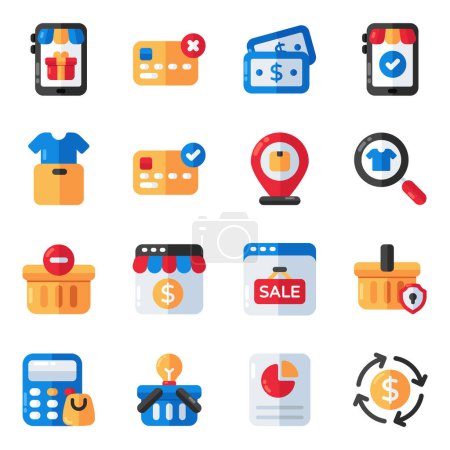 Ilustración de Conjunto de iconos planos de compra y compra - Imagen libre de derechos
