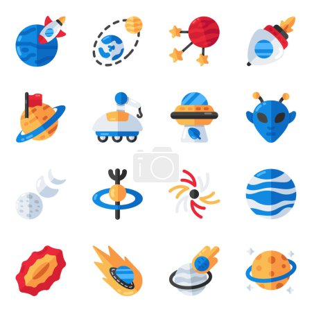 Illustration for Set of Space and Exploration Flat Icons - Royalty Free Image