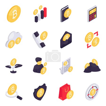 Set of Bitcoin Isometric Icons 