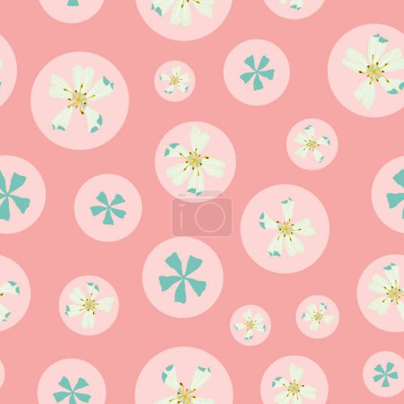 Ilustración de Burbujas florales. Vector rosa patrón sin costura. Flores diferentes flotando en burbujas de color rosa claro. Parte de la primera colección floral de Last Island Art. - Imagen libre de derechos