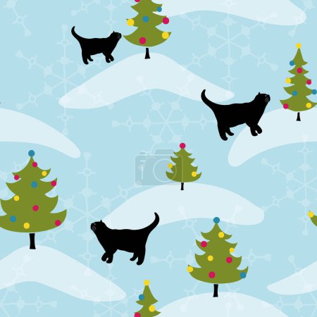 Ilustración de Vector azul suave Buscando el árbol derecho patrón sin costuras. Gatos negros en un paisaje invernal con ventisqueros buscando un bonito árbol de navidad decorado. Parte de la colección de Navidad Gatos. - Imagen libre de derechos