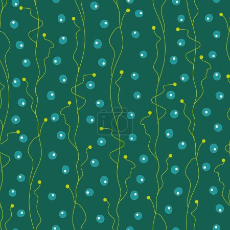 Illustration for Ascending Spawn. Vector blue-green seamless pattern. Frogspawn ascending like rows of bubbles between elegantly waving algae on a dark background. Part of Our Little Pond collection. - Royalty Free Image