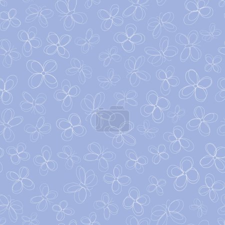 Illustration for Vector periwinkle blue Fluttering Flowers seamless pattern. Doodled outlines of flowers and butterflies dancing on a periwinkle blue background. Part of Blossoms and Butterflies collection. - Royalty Free Image
