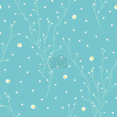Illustration for Algae Grove. Vector soft cyan seamless pattern background. Tiny dots and frogspawn drifting among delicate algae trees. Part of Our Little Pond collection by Last Island Art. - Royalty Free Image