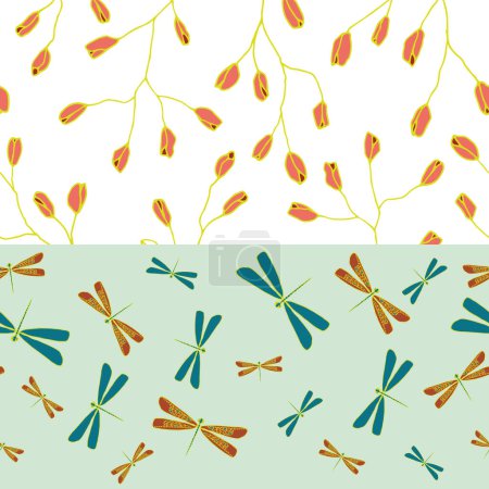 Téléchargez les illustrations : Symbiosis Light. Vector white seamless pattern. Bright block stripes in white and herbal mist with budding twigs and dragonflies in jewel tones. Part of Labellula collection. - en licence libre de droit