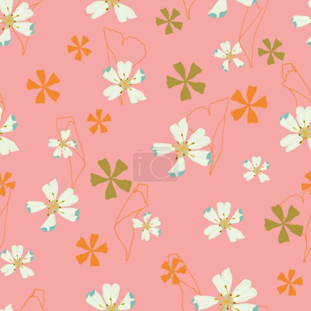 Ilustración de Vector pink seamless pattern background. Soft Flower Dance. Simple and complex flowers in front of a soft pink background with big outlined petals. Part of First Floral collection. - Imagen libre de derechos