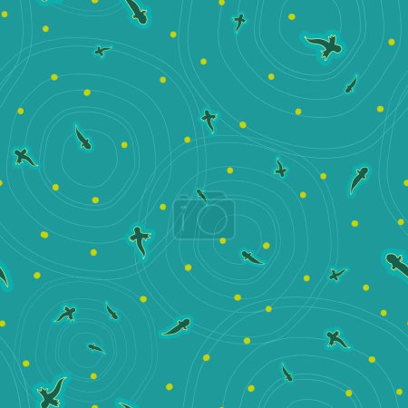 Illustration for Going For A Swim. Vector dark cyan seamless pattern. Small tadpoles swimming among concentric ripples and almost phosphorescent dots. Part of Out Little Pond collection by Last Island Art. - Royalty Free Image