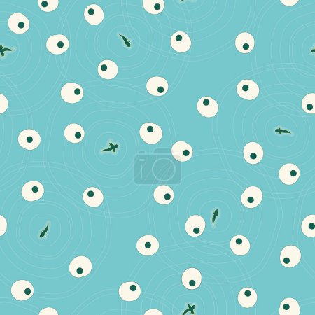 Illustration for First Excursion. Vector soft cyan seamless pattern. Frogspawn like googly eyes floating amidst tiny tadpoles, surrounded by concentric ripples. Part of Out Little Pond collection by Last Island Art. - Royalty Free Image