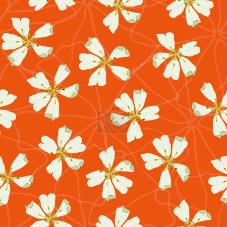 Téléchargez les illustrations : Vector orange seamless pattern background. Floral Sailing. Stylized blossoms scattered on a strong orange background which is crossed by decently outlined flowers. Part of First Floral collection. - en licence libre de droit