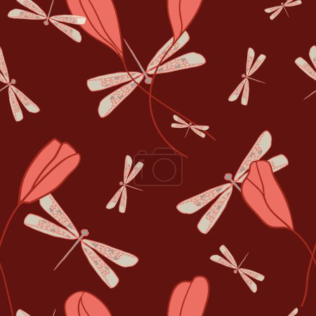 Téléchargez les illustrations : Vector dark red Dragonfly Day seamless pattern. Salmon pink buds among softly colored dragonflies. Ideal for womens apparel, curtains or festive kitchen fabric. Part of Labellula collection. - en licence libre de droit