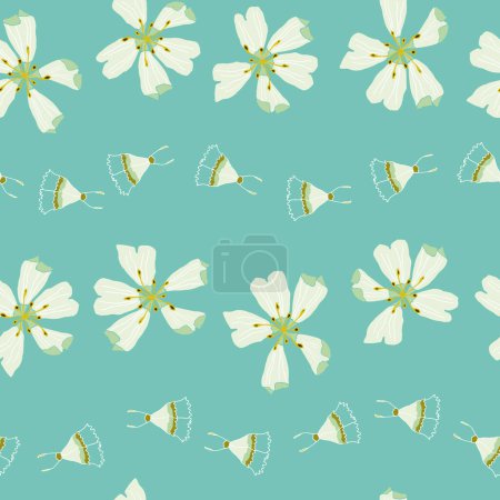 Téléchargez les illustrations : Vector light cyan seamless pattern. The Moth Walk. Wavy rows of moths promenading behind each other between elegant flowers. Part of First Floral collection. - en licence libre de droit