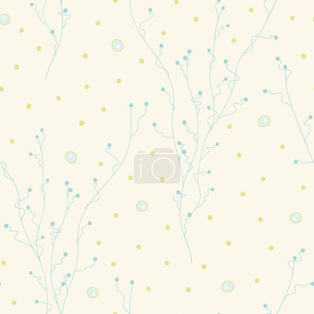 Illustration for Algae Grove Soft. Vector ivory seamless pattern background. Graceful algae growing among drifting frogspawn and dots on an ivory background. Part of Out Little Pond collection by Last Island Art. - Royalty Free Image