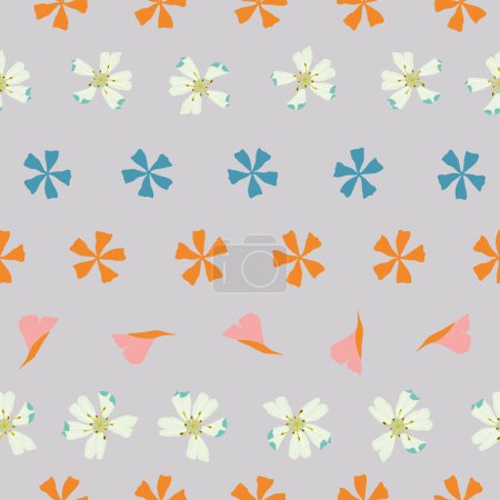 Téléchargez les illustrations : Vector gray seamless pattern background with blossoms. Floral March. Rows of different flowers and petals aligned on an elegant light gray background. Part of First Floral collection. - en licence libre de droit