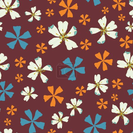 Téléchargez les illustrations : Vector puce red seamless pattern: Flower Madness. Several kinds of flowers wildly scattered over a puce red background. Part of First Floral collection. - en licence libre de droit