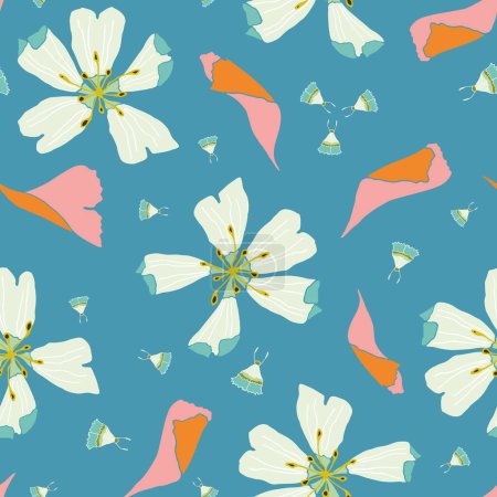 Vektorblaues nahtloses Muster: Wirbelnde Blütenblätter. Leuchtende Blüten, die zwischen rosa Blütenblättern und winzigen Schmetterlingen auf mittelblauem Hintergrund schweben. Perfekt für Damenbekleidung. Teil der First Floral Kollektion.
