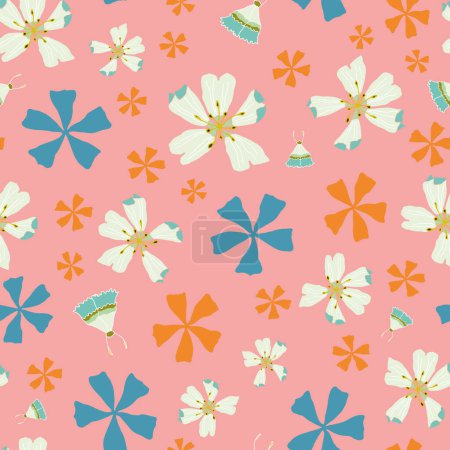 Téléchargez les illustrations : Vector pink seamless pattern: Floral Fantasy. Blossoms and tiny butterflies dancing merrily on a pink background. Part of First Floral collection. - en licence libre de droit