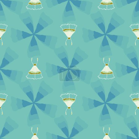 Téléchargez les illustrations : Vector light cyan seamless pattern: Radiant Florals. Radiating blue flowers alternating with butterflies are aligned on a light turquoise background. Part of First Floral collection. - en licence libre de droit