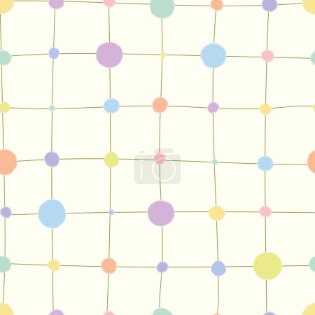 Ilustración de Vector creme seamless pattern: Flashing Bubbles. Bumpy circles of different sizes with blurred outlines are connected by olive lines on a cream-white background. Part of Pastel Mosaic collection. - Imagen libre de derechos