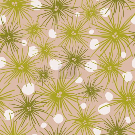 Ilustración de Vector beige seamless pattern: Grass. White hailstones or pebbles lying among tussocks of grass on a sandy background. Part of Hail In The Fields collection. - Imagen libre de derechos