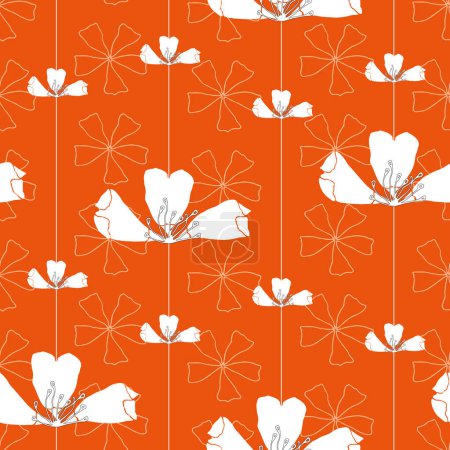 Ilustración de Vector naranja Creciendo hacia arriba patrón sin costuras. Hermosas flores blancas enhebradas en finas cuerdas verticales blancas frente a flores de fondo sutiles de cinco pétalos. Parte de la primera colección floral. - Imagen libre de derechos