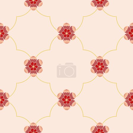 Vector seamless pattern background: Peachy Rosettes. Cute little rosettes sitting on the crossing points of a big golden trellis. Part of Rosettes On A Trellis collection.