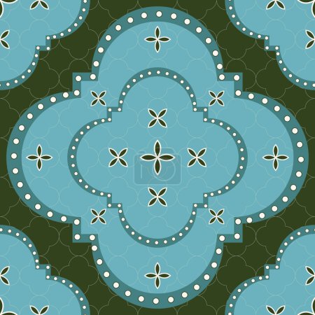 Vector seamless pattern background: Travelling East. Big turquoise quatrefoils with decorative dots and other stylized elements on a pine green background. Part of Quiet Folio collection.
