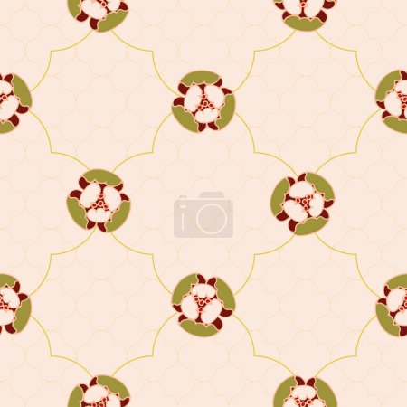 Vector seamless pattern background: The Green Buds. The green buds of rosettes sitting on a latticework in front of another more distant trellis. Part of Rosettes On A Trellis collection.