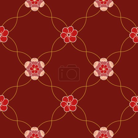 Vektornahtloser Musterhintergrund: Gewebte Rosetten. Dieses diagonale Muster zeigt zwei verschiedene Blüten auf einem subtil miteinander verflochtenen Spalier. Teil der Sammlung Rosetten am Spalier.