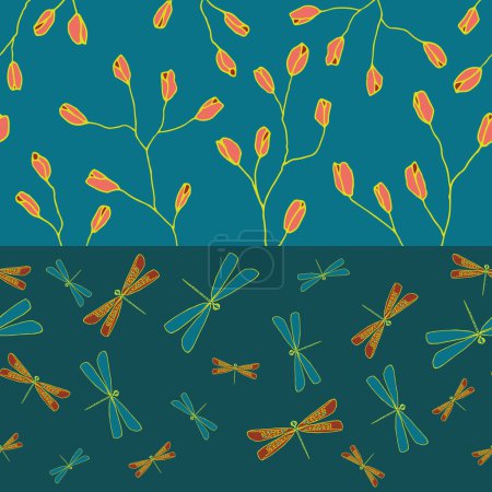 Symbiose dunkel. Vector Türkis nahtloses Muster. Blockstreifen in dunklen Blautönen mit Libellen und aufkeimenden Zweigen. Teil der Labellula-Sammlung.