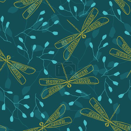 Illustration for Vector teal Hovering Sleep seamless pattern. Olive outlined dragonflies elegantly hover among solid and transparent turquoise budding twigs on a dark teal background. Part of Labellula collection. - Royalty Free Image