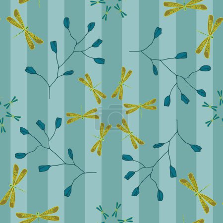 Vector pastel blue turquoise Dragonfly Diamonds seamless pattern. Olive dragonflies and teal twigs with buds forming ornaments in front of a striped background. Part of Labellula collection.