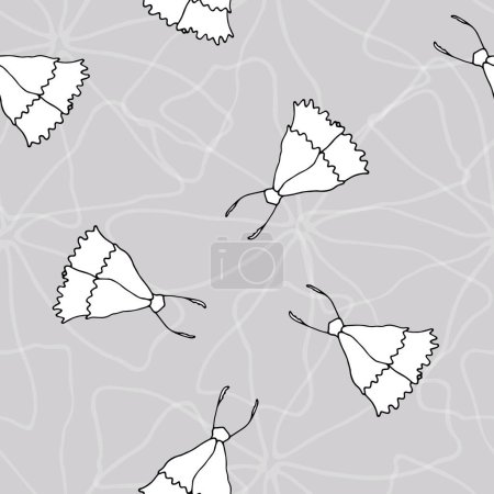 Téléchargez les illustrations : Motif vectoriel sans couture gris clair : Moths Dance. Simple forme de papillon de nuit noir et blanc sur un fond gris avec des fleurs aux contours doux. Partie de la première collection florale. - en licence libre de droit