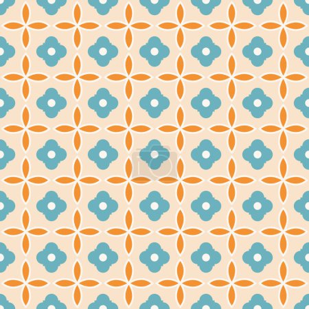 Vektornahtloser Musterhintergrund: Fiftys Folio Tiles. Dieses Foulard-Muster zeigt ein Vintage-Motiv aus Stacheldraht-Vierblättern und stilisierten vierblättrigen Blüten. Teil der Sammlung Quiet Folio.