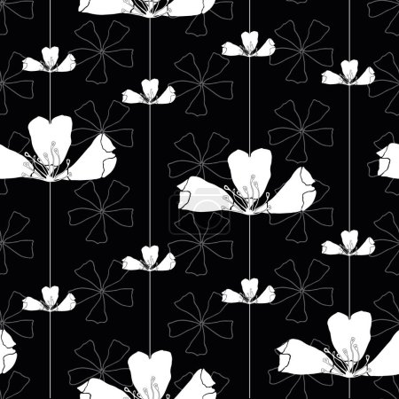 Vector seamless pattern: Growing Upwards. White flowers on vertical strings in front of a black background lightened up by subtle flower outlines. Part of First Floral collection.