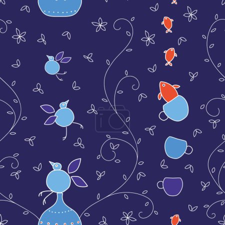 Vector purple seamless pattern: Midnight Thriving. Twigs twirling among flying fish and adventurous birds in this whimsical pattern. Part of My New Blue Home collection.
