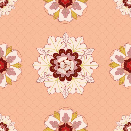 Illustration for Vector seamless pattern background: Peachy Trellis. This soft classic pattern features two different subtle rosettes on a peach background with a trellis. Part of Rosettes On A Trellis collection. - Royalty Free Image