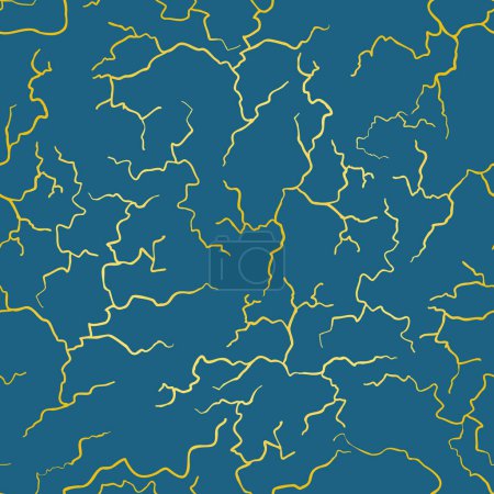 Golden Crackle, un patrón inconsútil de vector azul oscuro. Una superficie azul oscuro se está rompiendo y revela a través de las fisuras un fondo dorado. Parte de la colección Golden Winter de Tamara Rapp.