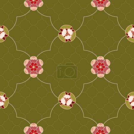 Fondo de patrón sin costura vectorial: Trellis mixto. Este patrón silencioso muestra dos tipos lindos de flores en un enrejado y detrás de ese otro enrejado sutil. Parte de la colección Rosettes On A Trellis.