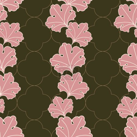 Illustration for Vector seamless pattern background: Growing Acanthus. Short antique pink acanthus leaves growing upwards in front of a subtle trellis on a green background. Part of Rosettes On A Trellis collection. - Royalty Free Image
