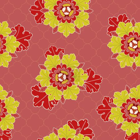 Vector seamless pattern background: Rosettes Galore. Big bright rosettes with framing acanthus leaves on a dark pink background with a subtle trellis. Part of Rosettes On A Trellis collection.