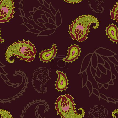 Illustration for Vector seamless pattern background: Winding Paisley. Green and pink paisley droplets winding among outlined doplets over a maroon background. Part of Paisley Positions collection. - Royalty Free Image