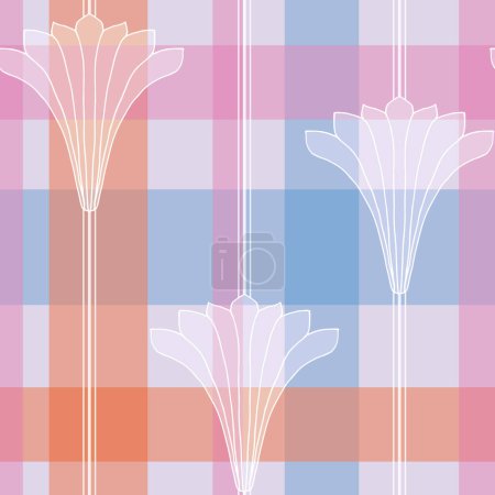 Vektornahtloser Musterhintergrund: Madras Flowers. Große durchsichtige stilisierte Kelche vor einem verschwommenen rosa, blauen und orangefarbenen Madras-Hintergrund. Teil der Madras Garden Sammlung.